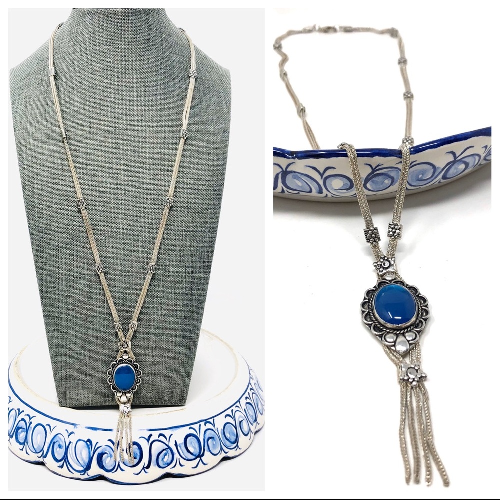 Sterling silver, blue stone fringe necklace